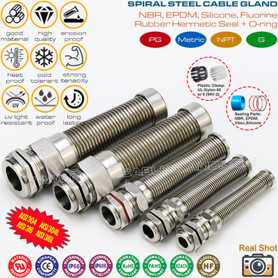 IP68 Hermetic Stainless Steel M12~M50 Metric Cable Glands Type 304 / 316 / 316L with Anti-kink & Anti-bend Protection