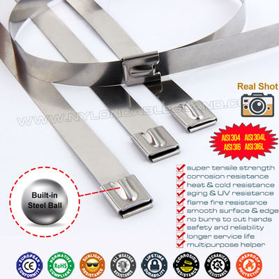 7.9mm Width Self-locking Metal Cable Ties, 100-1000mm Length Stainless Steel Ball-lock Cable Ties Type 304, 316, 316L for Harsh Conditions