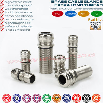 Vernikkelde messing metalen wartels kabelwartels wurgwartels lange draad IP68/IP69K (PG7~PG48 & M12~M63) voor dik paneel