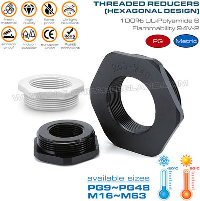Kunststof verloopstukken mannelijk naar vrouwelijk schroefdraad PG9~PG48, zeshoekige nylon verloopstuk reduceerring mannelijk naar vrouwelijk schroefdraad M16~M63 voor elektrisc