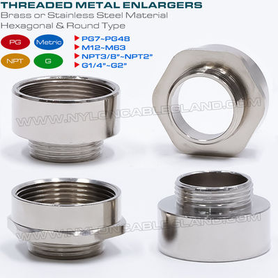 Zeskantige schroefdraadadapters / ronde schroefdraadvergroters metaal (messing, roestvrij staal) mannelijk naar vrouwelijk schroefdraad PG7~PG48, M12~M63, NPT3/8~NPT2 en G1/4~G2