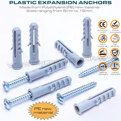 Kunststof expansiepluggen (ankers, deuvels) met dubbele vleugels en schroeven, visachtig type, polyethyleen, Ø5~Ø16mm, voor betonnen muur