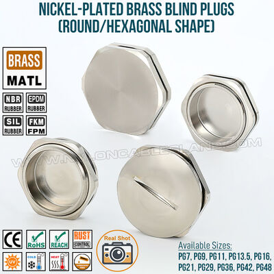 Metalen blindstop IP68 afsluitstop vernikkeld messing met borgmoer en O-ring, zeskantig of rond, PG7-PG48, voor het afdichten van behuizingen