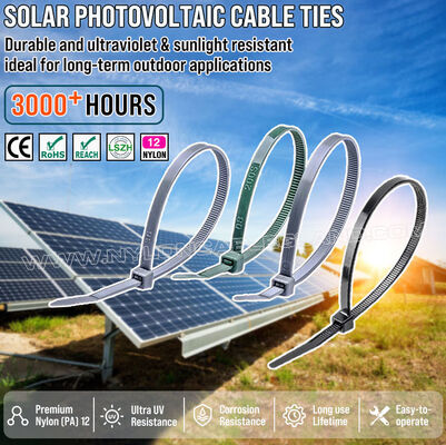 UV-bestendige kabelbinder nylon 12 (PA12) 300 mm x 4,8 (Ø 3-80 mm), uitstekende bestendigheid tegen zout en chemicaliën, voor de fotovoltaïsche zonne-energiesector