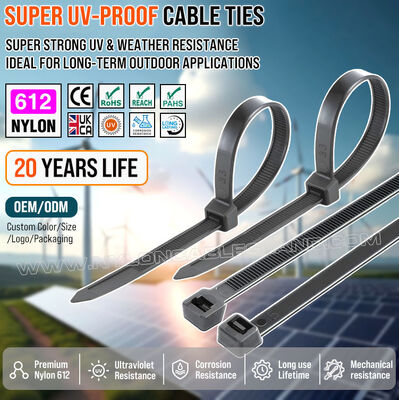 Zwarte kabelbinder bundelbandje kabelstrip tiewrap tyrap van nylon 612 (polyamide 612, PA612), robuust, UV- en weerbestendig, 350 mm x 7,6 mm, voor zonne-energiesystemen buitenshuis