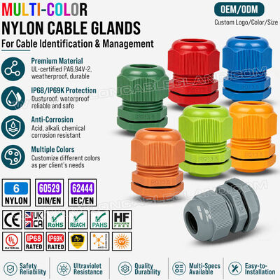 Kleurenkabelklier, Nylon 6 (Polyamide 6, PA6), PG13.5 (6-12mm & 5-9mm), IP68/IP69K, voor visuele identificatie en kabelorganisatie