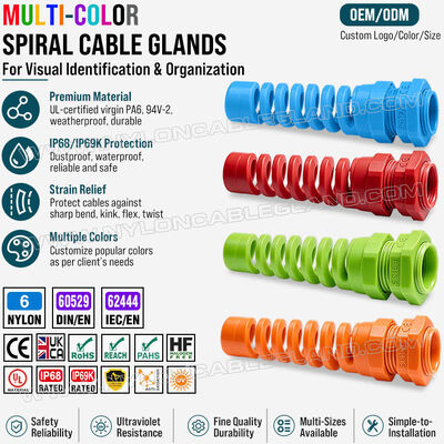 Kleurrijke spanningsverlichtingskabelklier Nylon 6 (Polyamide 6/PA6), PG13.5 (Ø 6-12mm & 5-9mm), IP68 & IP69K, voor kabelidentificatie en -organisatie