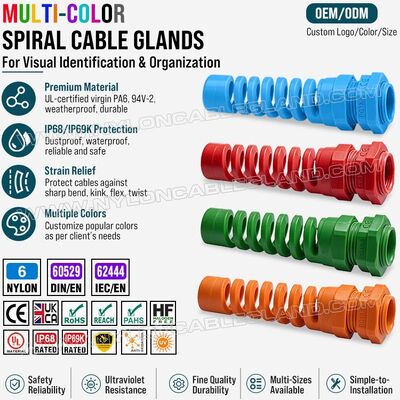 Gekleurde spiraalvormige kabelwartel met trekontlasting, nylon 6 (polyamide 6/PA6), PG13,5 (Ø 6-12 mm & 5-9 mm), IP68 & IP69K, voor kabelidentificatie en -organisatie