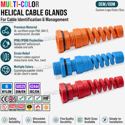 Gekleurde spiraalwartels met trekontlasting (blauw, rood, groen, geel, grijs, zwart), nylon polyamide 6, PG9, UL94V-2, voor kabels van 4-8 mm en 2-6 mm