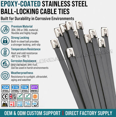 Zwarte epoxy gecoate metalen kabelbinders met kogelvergrendeling, 316L/316/304 roestvrij staal, breedte 7.9 mm x lengte 150-1000 mm, voor corrosieve omgevingen