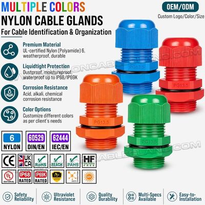 Gekleurde kabelwartels kunststof (nylon) PG13.5 met lange schroefdraad, IP68/IP69K, voor kabels met een diameter van 6-12 mm of 5-9 mm