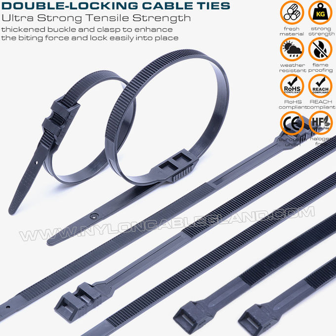 Dubbele sluiting Kabelbinders tyraps /ritsbinders met dubbele platte sluitkop, zwart, nylon (PA) 6.6, 760x9mm, 110lbs, 500N, Ø20~220mm, buitengebruik